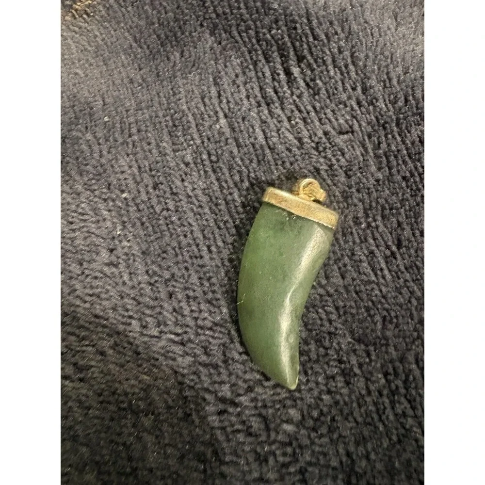 Vintage 1960s Carved Jade Claw Tooth Tusk Fang Amulet Gold Filled Pendant Green
